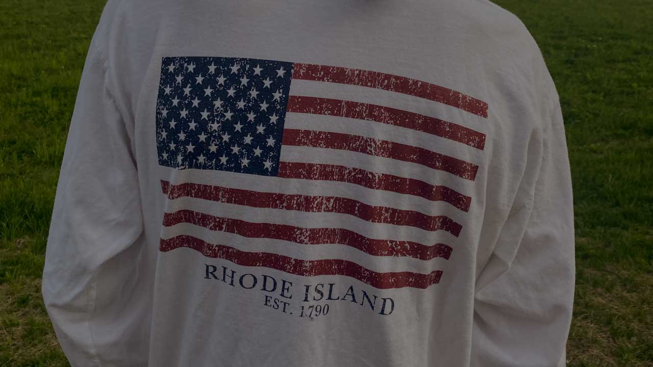 Back of long sleeve tshirt with US Flag and Rhode Island